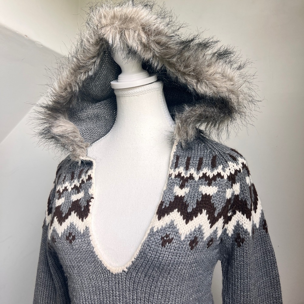Vintage 90s Energie Fair Isle Faux Fur Hooded Sweater Grey Y2K Gorpcore Preppy - Picture 2 of 10